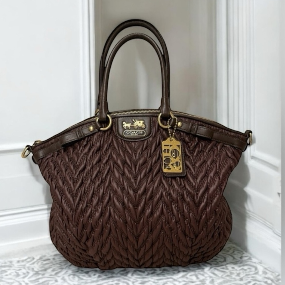 Coach Large Quilted Leather Handbag Bag  Satchel 70th Anniversary Brown Madison - Picture 2 of 9